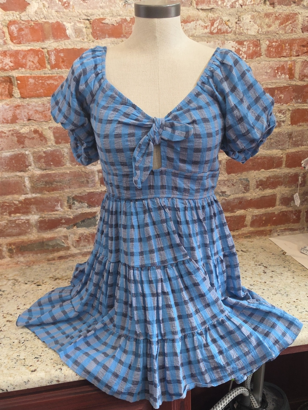 Trixxi Blue Plaid Tie-Front Tiered Dress